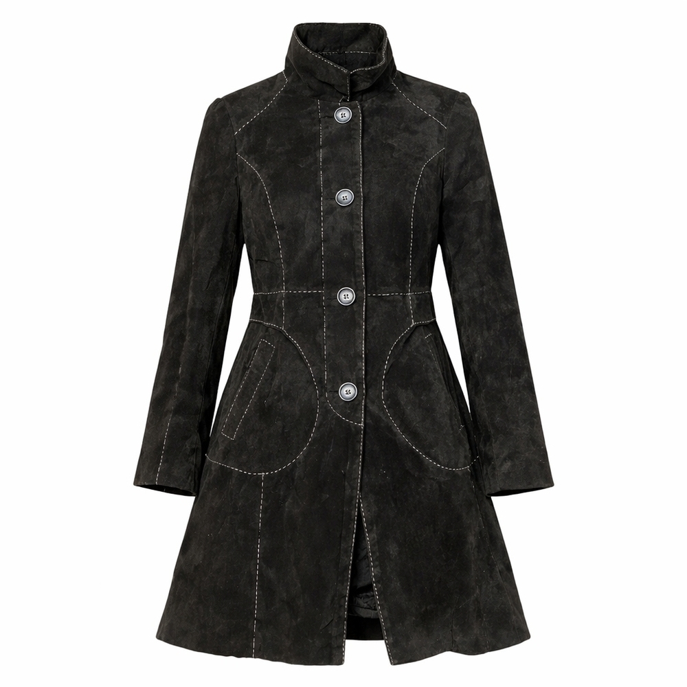 H & M black suede long coat jacket contrast stitching 8
